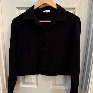 Eileen Fisher Crop Long Sleeve Top Womens XXS Black Button Up Casual Comfy Soft